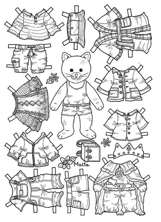 Puppe aus Papier mit einer Reihe von Kleidung. Kostenlos drucken